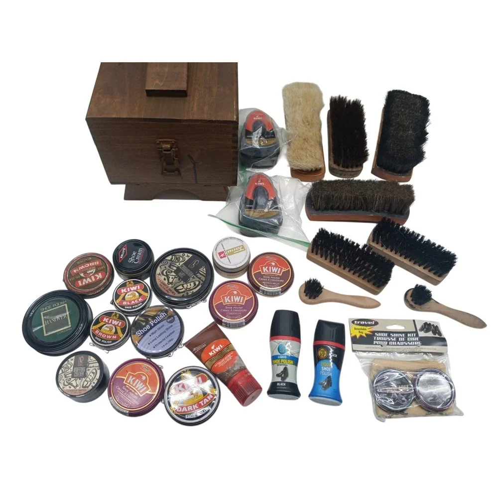 Vintage 30 PC Wooden Shoe Valet Shoe Shine Box Kit w/ Brushes & Polish